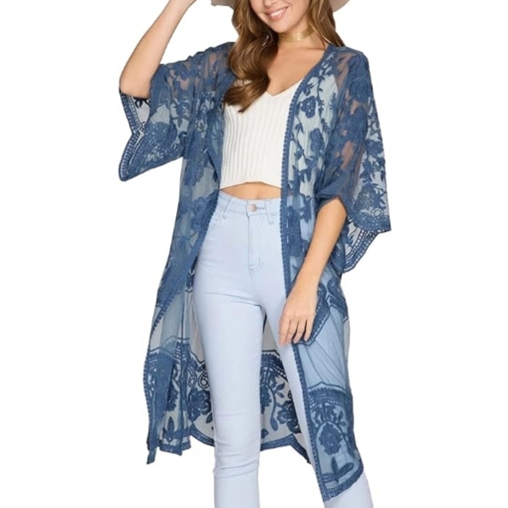 Long Flowy Lace Kimono Cardigan Boho Style Open Cover Ups Blue